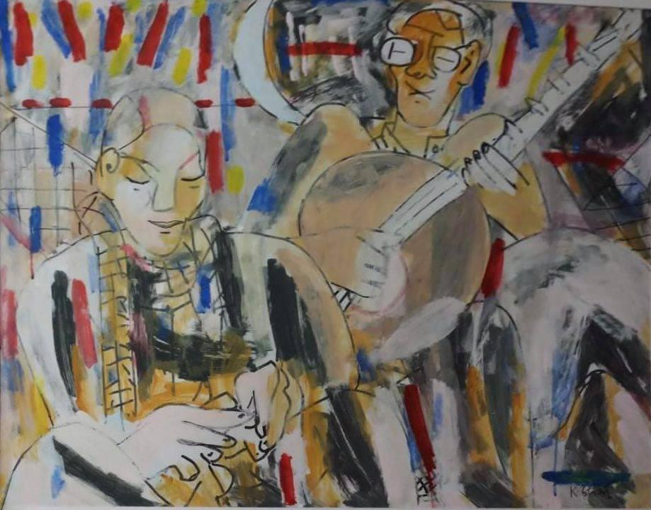 Họa sỹ Kim Thái, vợ họa sĩ Lê Công Thành cũng hưởng ứng chương trình thiện nguyện hướng về lực lượng tuyến đầu bằng bức “Đờn ca tài tử”, khổ 80cm x 100 cm, sơn dầu trên giấy.