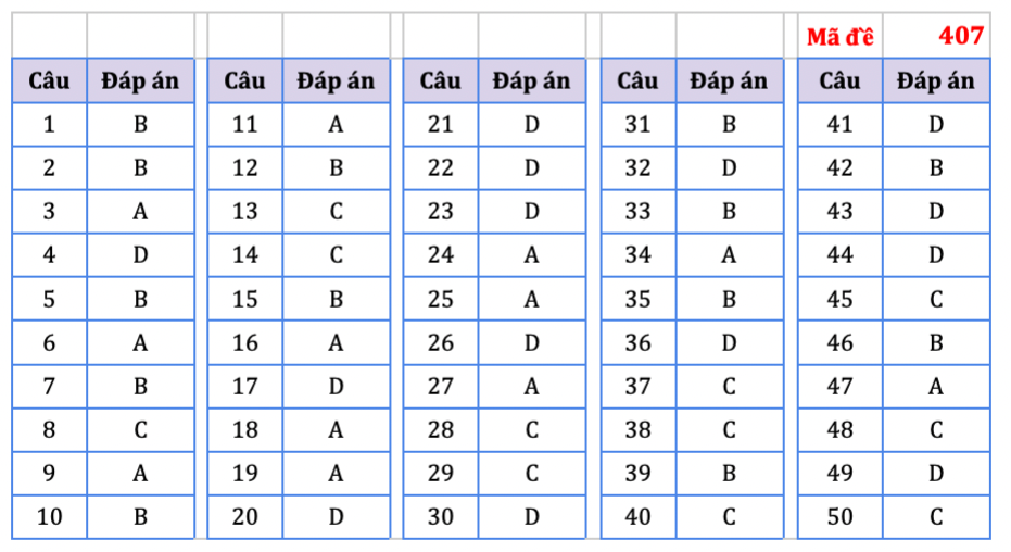 Đáp án tham khảo mã đề 407. (Nguồn HOCMAI) Đáp án tham khảo mã đề 407. (Nguồn HOCMAI)