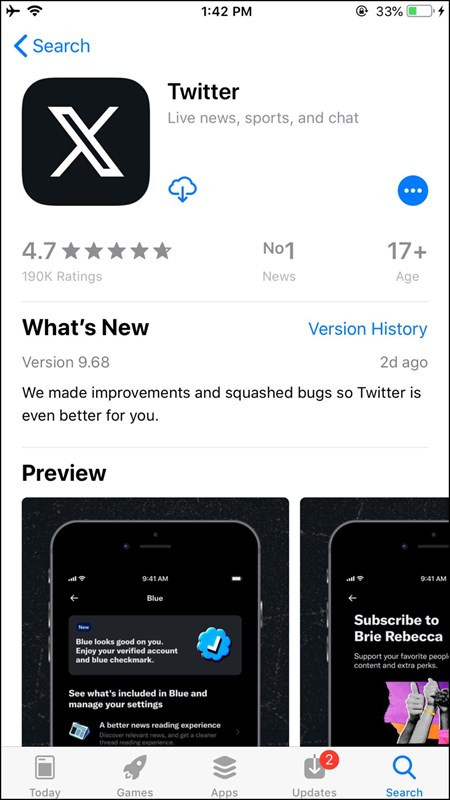 Tên gọi Twitter trên App Store không thay đổi mặc dù đã đổi logo. Tên gọi Twitter trên App Store không thay đổi mặc dù đã đổi logo.