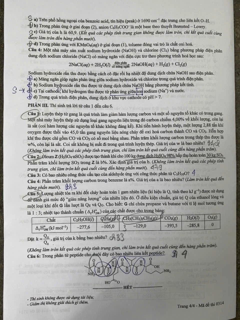 Đề thi môn Hóa học - mã đề 0314.