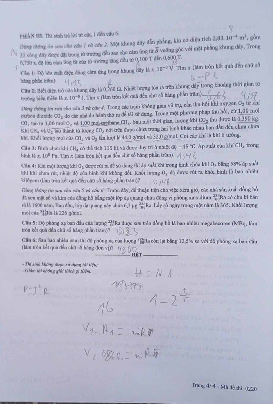 Đề thi môn Vật lí - mã đề 0220.
