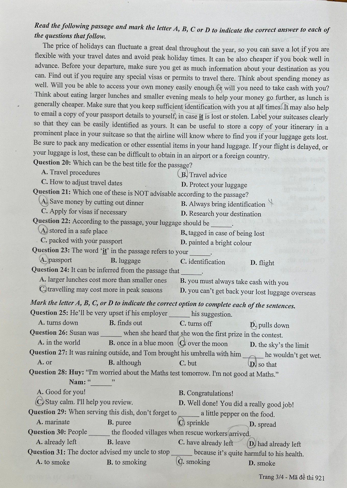 Đề thi môn tiếng Anh mã đề 921. Đề thi môn tiếng Anh mã đề 921.