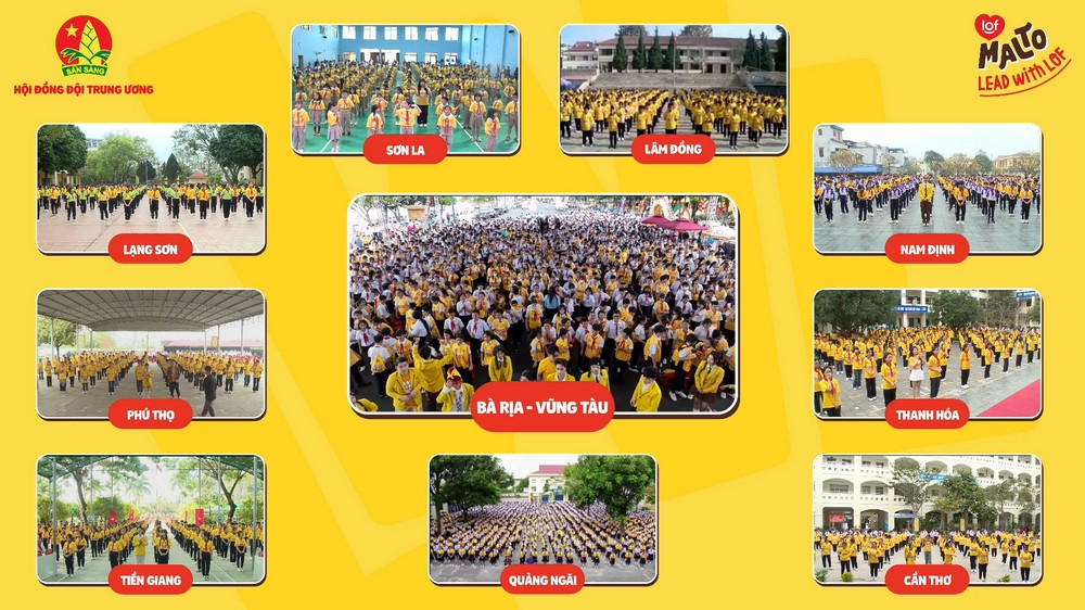 Hơn 5 triệu em đội viên, thiếu nhi của hơn 10 ngàn trường THCS trên cả nước đồng diễn bài “Tiến bước dưới cờ Đoàn và Lof Malto - Khi nào mình lớn”.