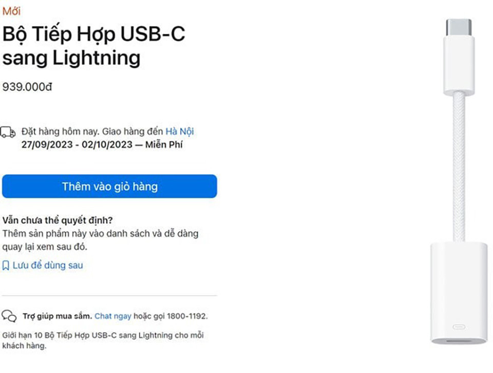 Giá bán bộ chuyển cổng USB-C thành Lightning của Apple trên website chính thức của Apple.