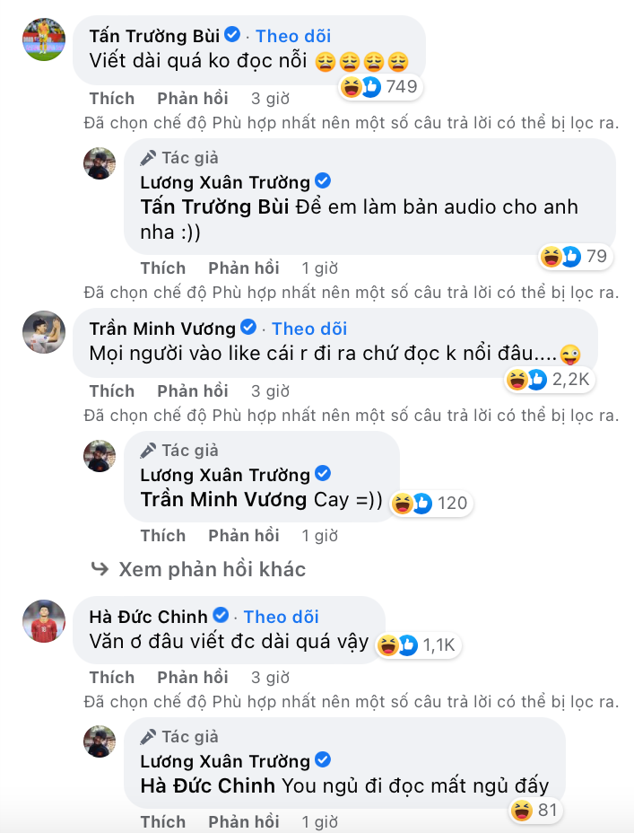 Dù bài viết của Xuân Trường khá nghiêm túc và &quot;deep&quot; thì các đồng đội của anh cũng không quên để lại bình luận cực lầy lội.