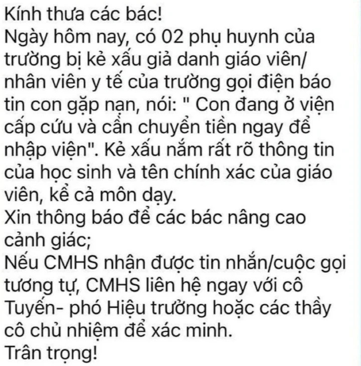 Thông báo của trường THPT Chu Văn An (Hà Nội) tới phụ huynh, cảnh giác chiêu thức lừa đảo mới. Thông báo của trường THPT Chu Văn An (Hà Nội) tới phụ huynh, cảnh giác chiêu thức lừa đảo mới.