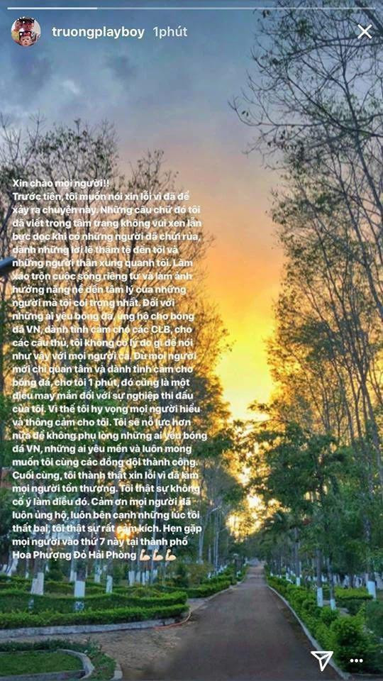Xuân Trường đăng story xin lỗi fan sau vụ lùm xùm liên quan đến bạn gái.
