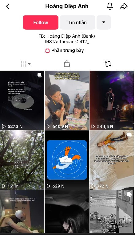 Trang cá nhân TikTok của Bank gần đây thường chia sẻ những video tâm trạng.