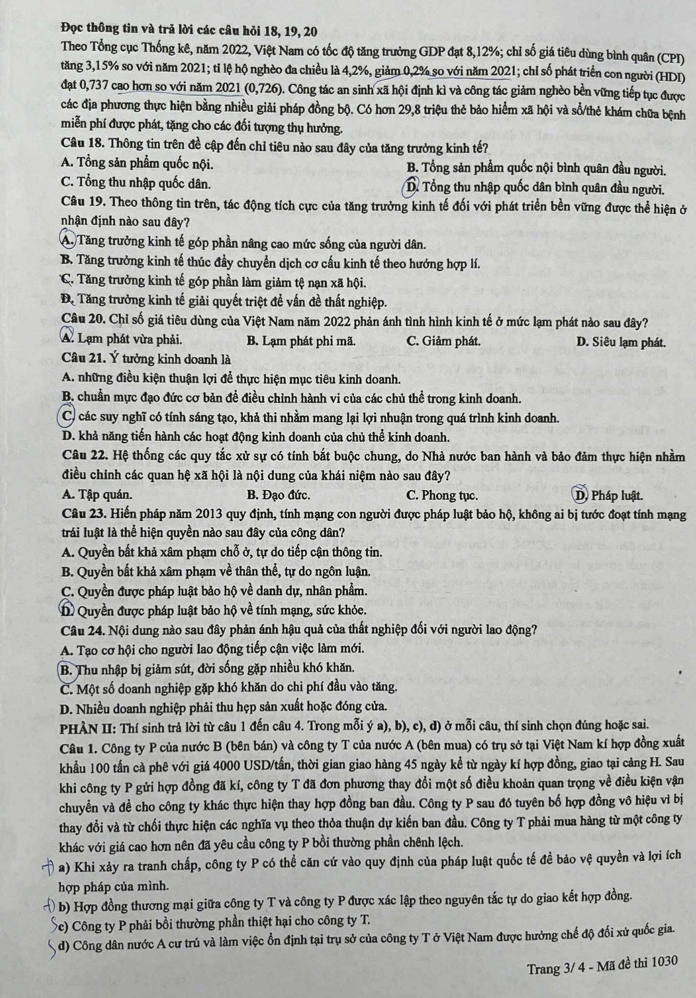 Đề thi môn Giáo dục Kinh tế - Pháp luật, mã đề 1030.