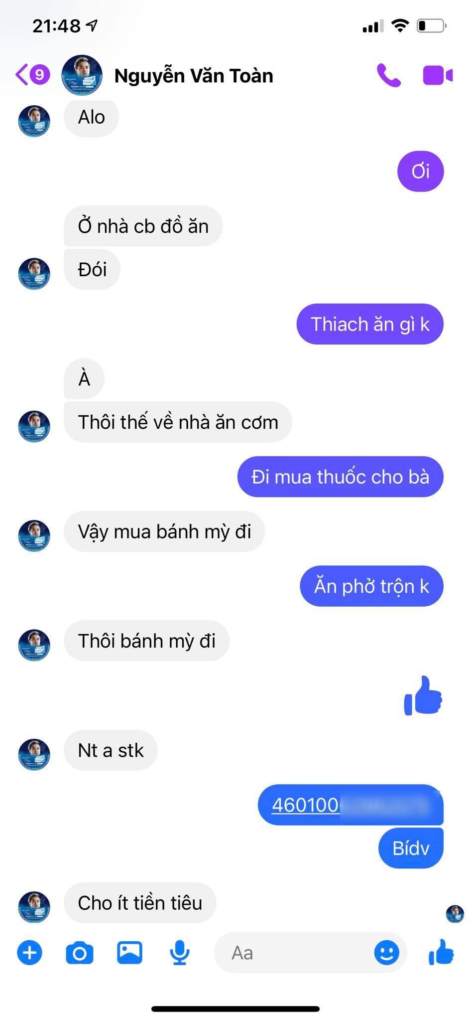 Tin nhắn của cầu thủ Văn Toàn và em gái Nguyễn Nụ. Tin nhắn của cầu thủ Văn Toàn và em gái Nguyễn Nụ.