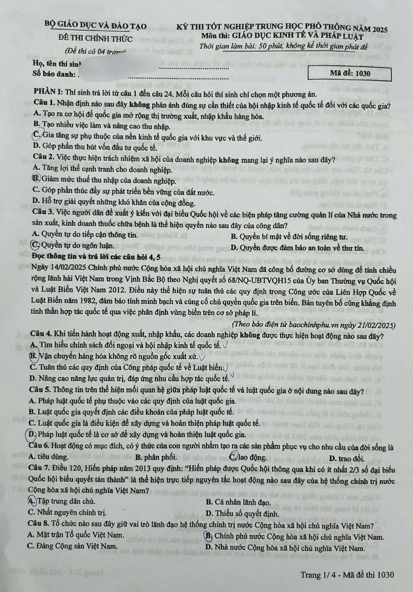 Đề thi môn Giáo dục Kinh tế - Pháp luật, mã đề 1030.