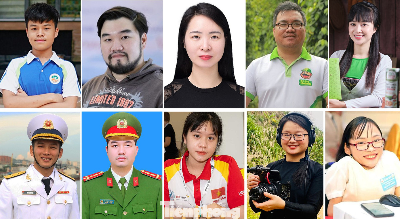 10 Gương mặt trẻ Việt Nam triển vọng 2022: Trần Xuân Bách, Chu Đức Hà, Lê Thị Phương, Đặng Dương Minh Hoàng, Nguyễn Thị Thu Hoa, Vũ Trung Kiên, Vũ Ngọc Trường, Nguyễn Thiên Ngân, Hà Lệ Diễm, Nguyễn Thị Ngọc Tâm (thứ tự từ trái sang phải, từ trên xuống dưới).