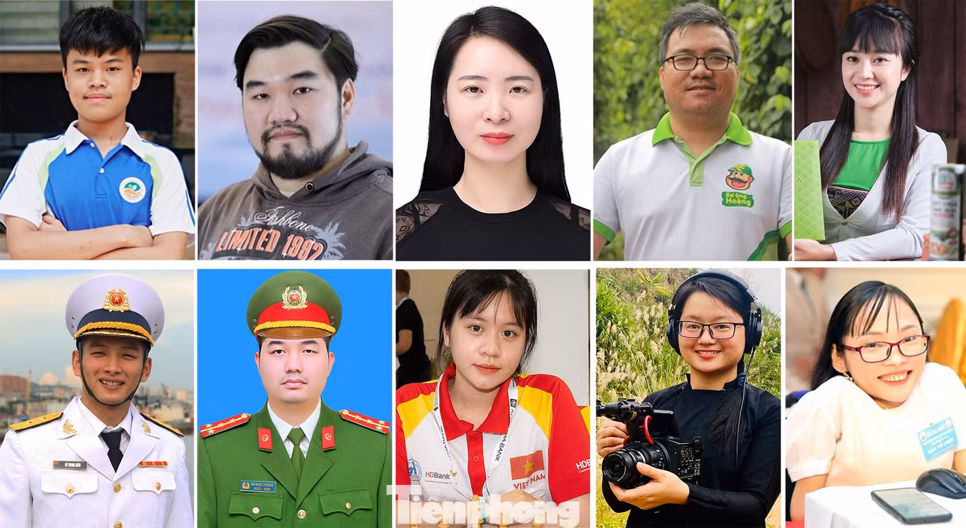 10 Gương mặt trẻ Việt Nam triển vọng 2022: Trần Xuân Bách, Chu Đức Hà, Lê Thị Phương, Đặng Dương Minh Hoàng, Nguyễn Thị Thu Hoa, Vũ Trung Kiên, Vũ Ngọc Trường, Nguyễn Thiên Ngân, Hà Lệ Diễm, Nguyễn Thị Ngọc Tâm (thứ tự từ trái sang phải, từ trên xuống dưới).