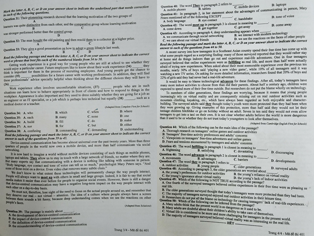 Đề thi môn tiếng Anh mã đề 401. Đề thi môn tiếng Anh mã đề 401.