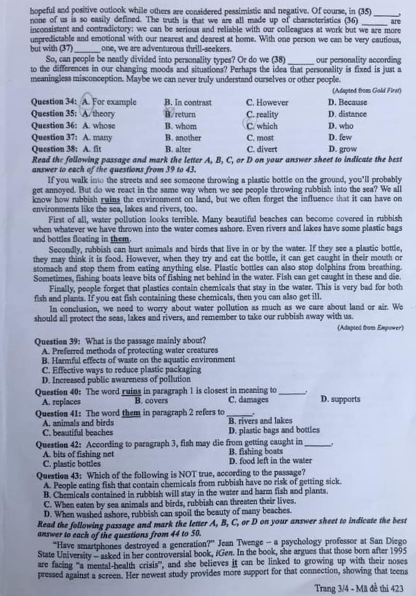 Đề thi tiếng Anh tốt nghiệp THPT 2024 mã đề 423.