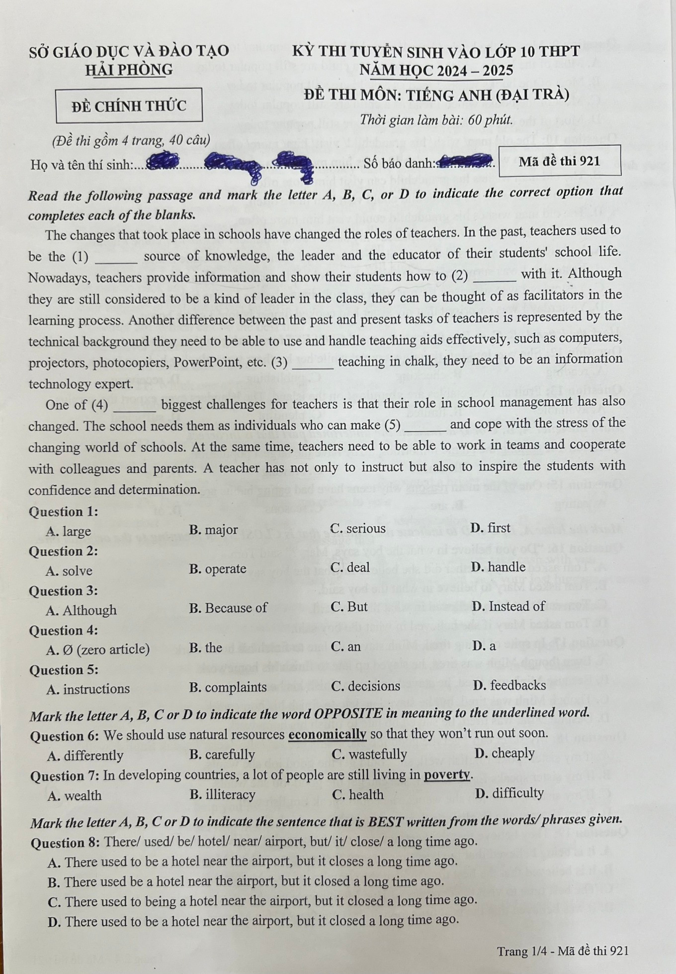 Đề thi môn tiếng Anh mã đề 921. Đề thi môn tiếng Anh mã đề 921.
