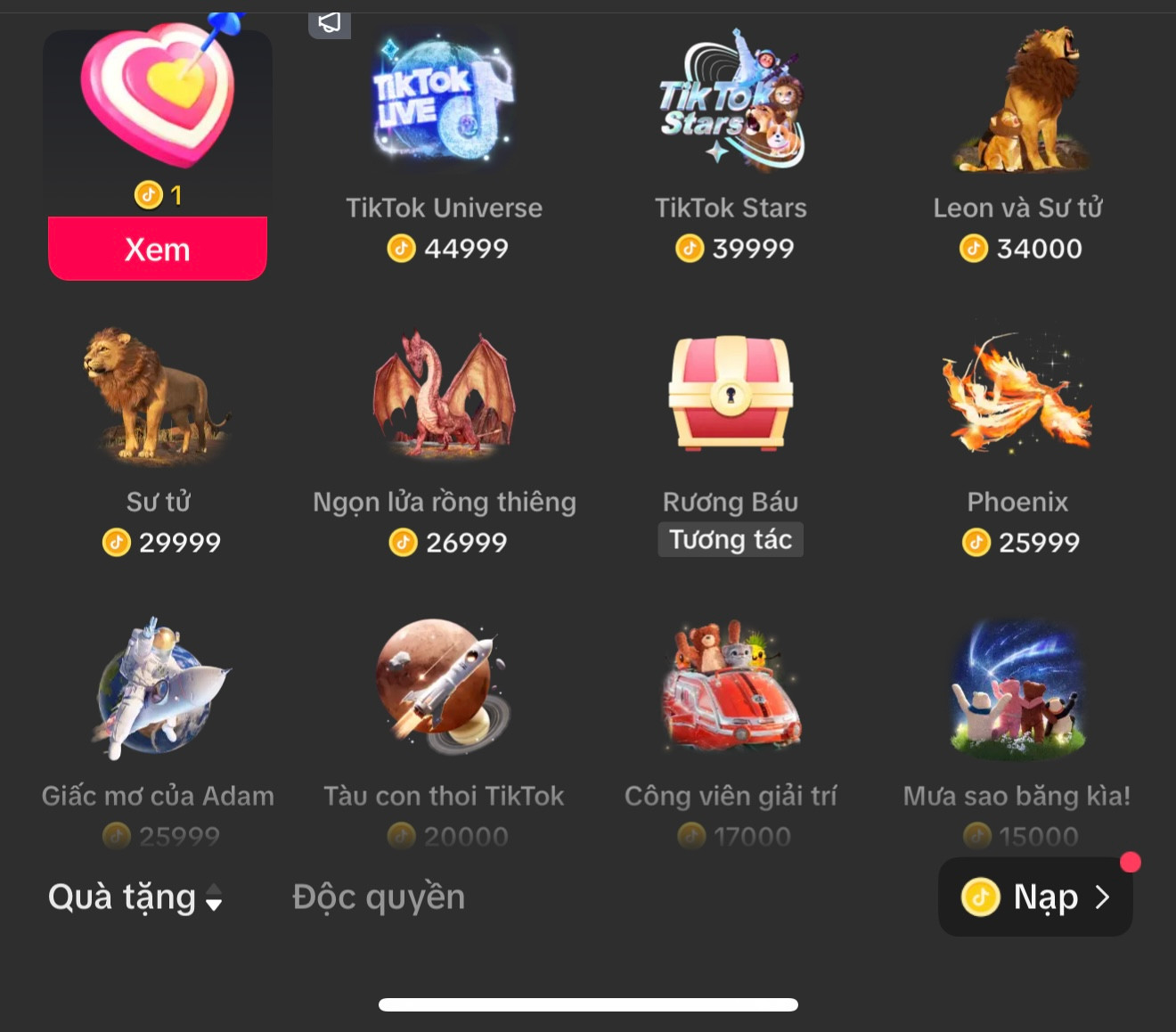 Bảng giá một số vật phẩm quà tặng trên TikTok. Bảng giá một số vật phẩm quà tặng trên TikTok.