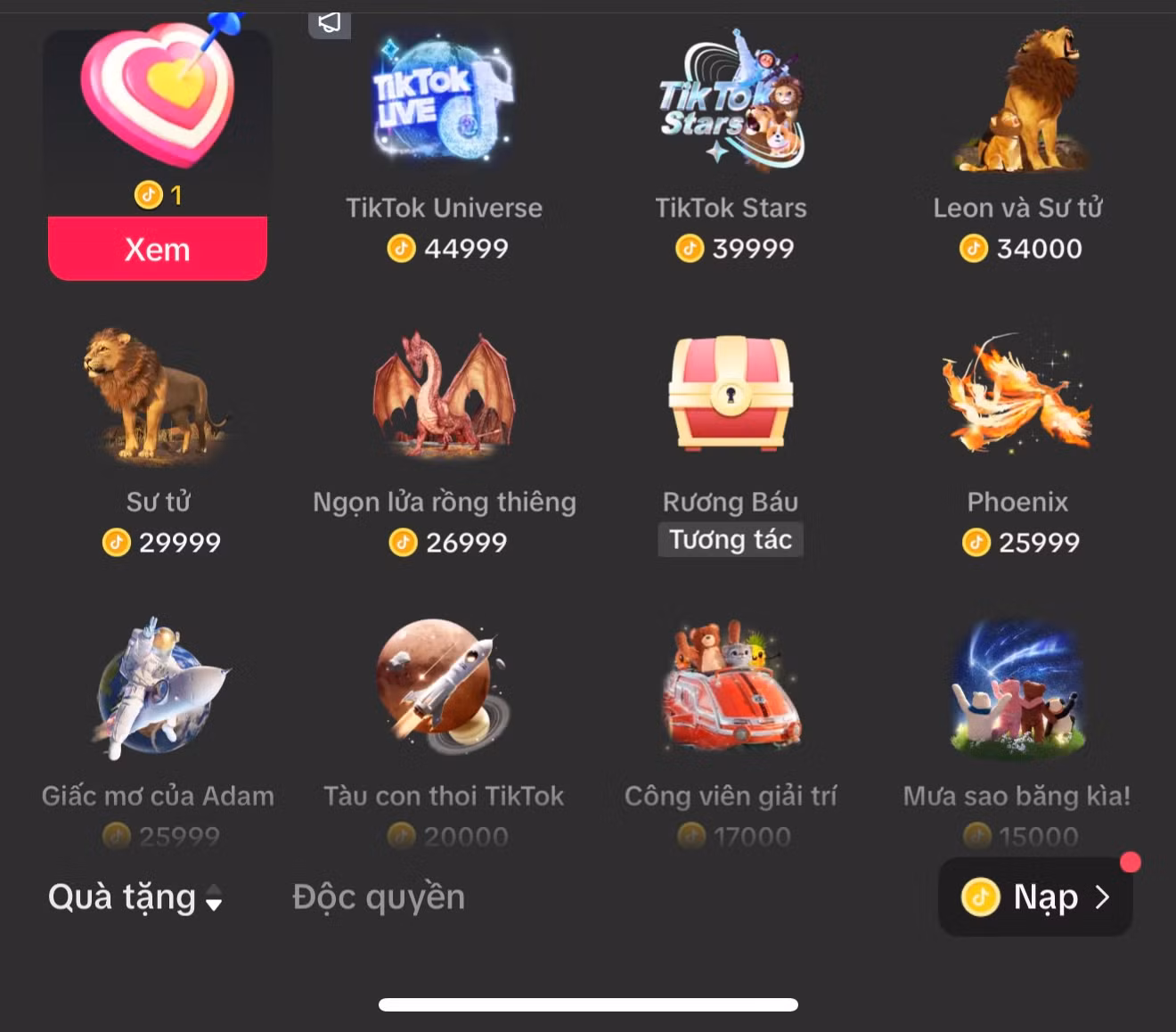 Bảng giá một số vật phẩm quà tặng trên TikTok.