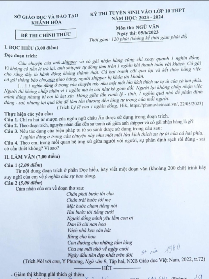 Đề thi môn Văn vào lớp 10 tỉnh Khánh Hòa.