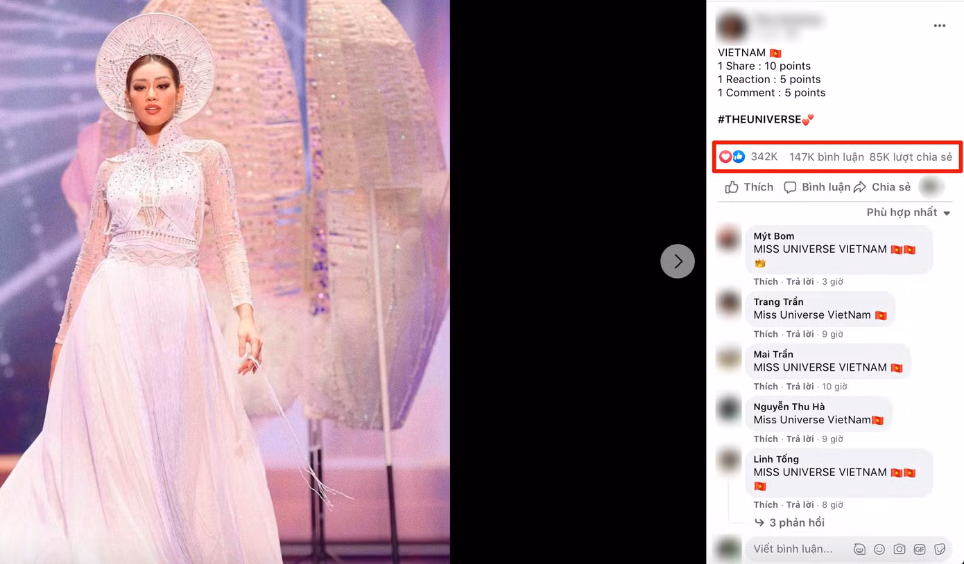 Bài đăng "vote" cho Khánh Vân trên fanpage giả mạo thu hút hàng trăm nghìn lượt tương tác từ dân mạng Việt Nam.