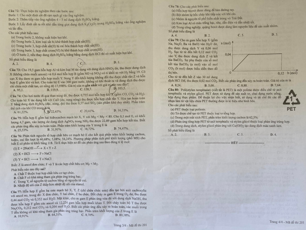 Đề thi môn Hoá học mã đề 201.