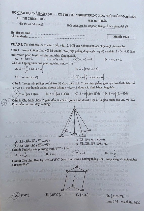 Đề thi môn Toán kỳ thi tốt nghiệp THPT 2025 - mã đề 0122.