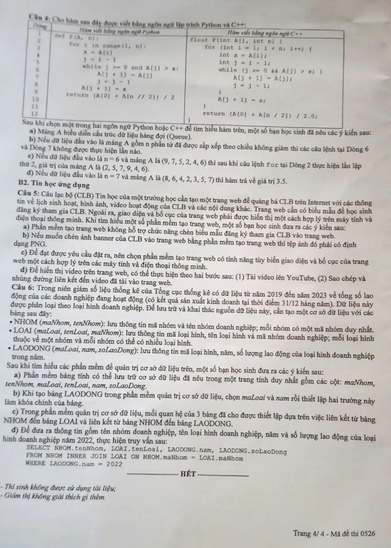 Đề thi tốt nghiệp môn Tin học - mã đề 0526.
