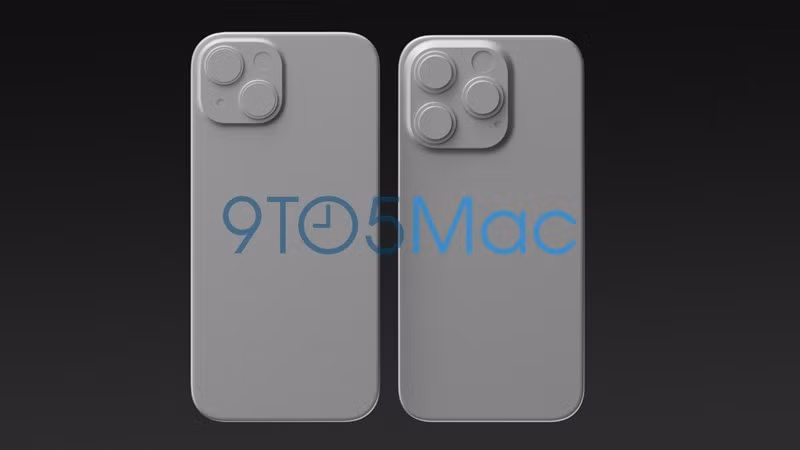iPhone 15 bên trái, iPhone 15 Pro bên phải. (Ảnh: 9to5Mac)