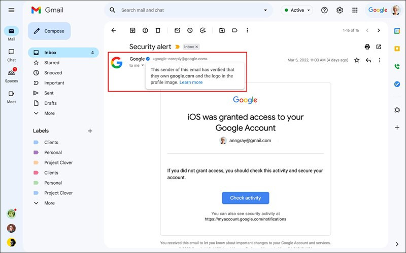 Gmail sẽ hiển thị tích xanh với người gửi đã được xác minh.