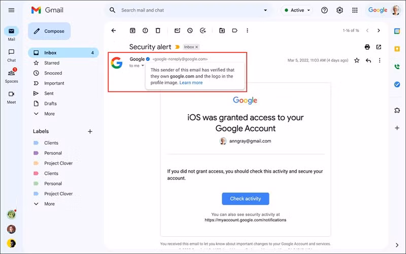 Gmail sẽ hiển thị tích xanh với người gửi đã được xác minh.
