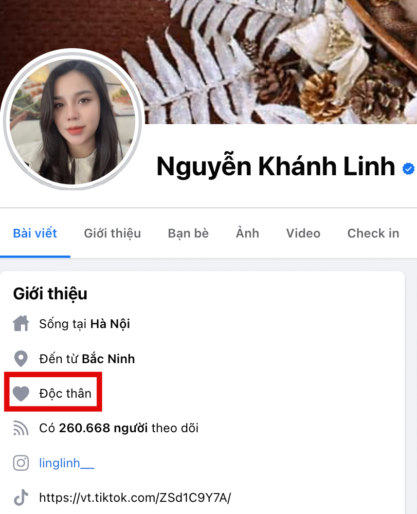Không rõ là do hacker hay trước khi kết hôn đến nay Khánh Linh chưa đổi trạng thái nhưng hiện tại, Facebook của bà xã Bùi Tiến Dũng vẫn đặt tình trạng "Độc thân". Không rõ là do hacker hay trước khi kết hôn đến nay Khánh Linh chưa đổi trạng thái nhưng hiện tại, Facebook của bà xã Bùi Tiến Dũng vẫn đặt tình trạng "Độc thân".