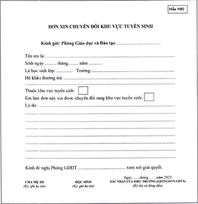 Mẫu đơn xin chuyển đổi khu vực tuyển sinh. Mẫu đơn xin chuyển đổi khu vực tuyển sinh.