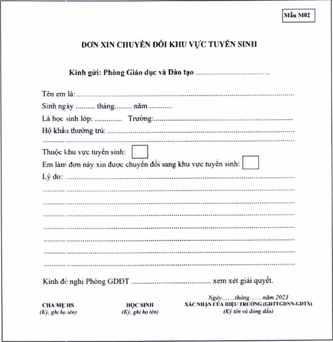 Mẫu đơn xin chuyển đổi khu vực tuyển sinh.