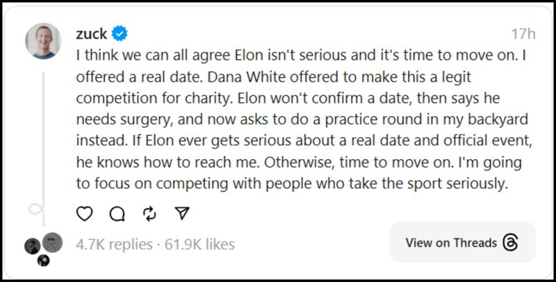 Mark Zuckerberg nói Elon Musk không nghiêm túc về trận đấu.