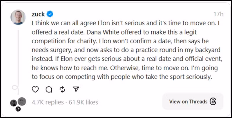 Mark Zuckerberg nói Elon Musk không nghiêm túc về trận đấu.