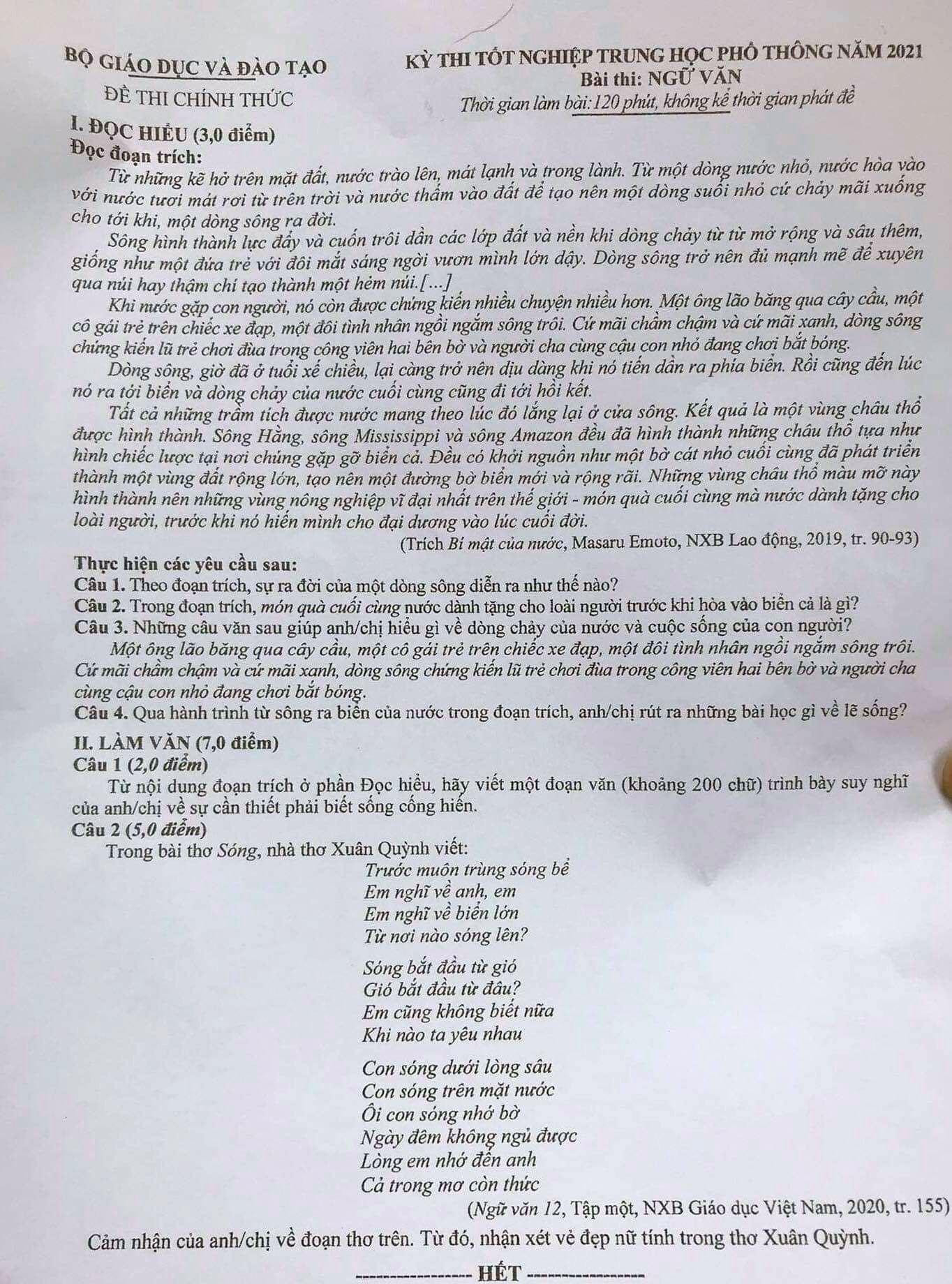 Đề thi chính thức môn Ngữ văn kỳ thi Tốt nghiệp THPT 2021 đợt 1. Đề thi chính thức môn Ngữ văn kỳ thi Tốt nghiệp THPT 2021 đợt 1.