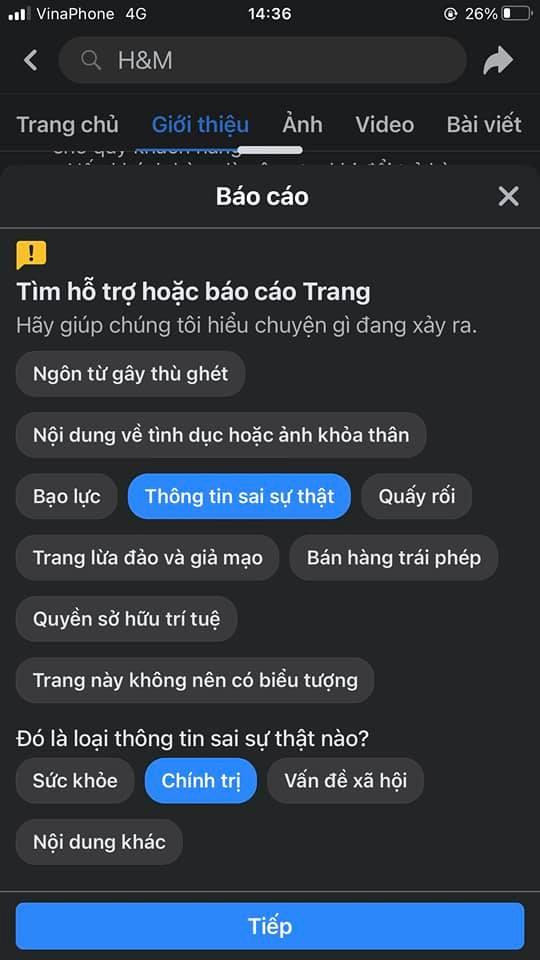 Nhiều dân mạng chụp lại màn hình report fanpage của H&amp;M.