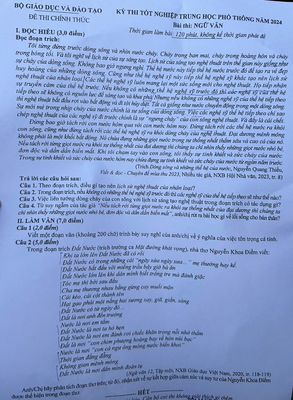 Đề thi môn Văn kỳ thi Tốt nghiệp THPT 2024.