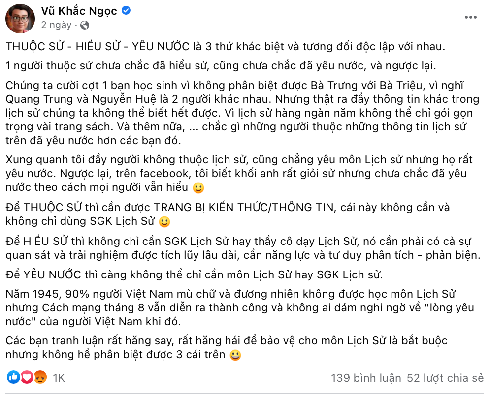 Bài đăng gây tranh cãi trên trang cá nhân của thầy Vũ Khắc Ngọc. Bài đăng gây tranh cãi trên trang cá nhân của thầy Vũ Khắc Ngọc.