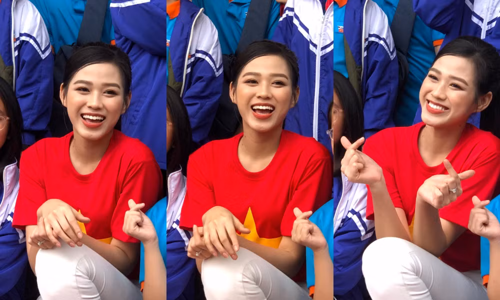 Hoa hậu Đỗ Thị Hà rạng rỡ, giao lưu với các bạn học sinh trường THCS Trần Mai Ninh. (Ảnh: Nguyễn Hoàng Thư)