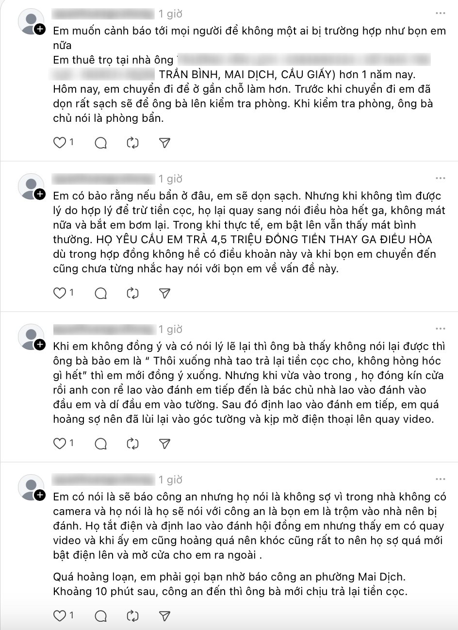 Bài đăng trên Threads kể về vụ cô gái tố bị chủ nhà trọ hành hung. Bài đăng trên Threads kể về vụ cô gái tố bị chủ nhà trọ hành hung.