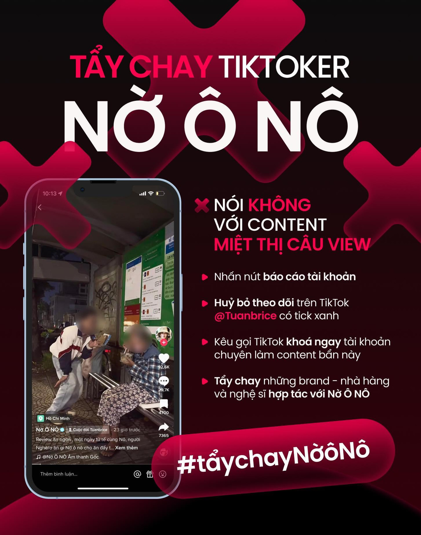 Dân mạng lên poster tẩy chay TikToker Nờ Ô NÔ kèm hashtag #tẩychayNờôNô.