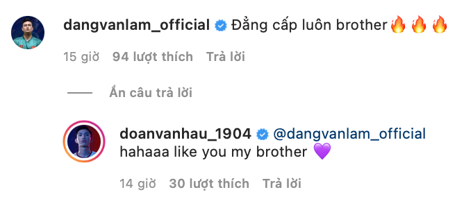 Dưới những hình ảnh này, thủ môn Đặng Văn Lâm đã để lại bình luận khen ngợi, động viên người em của mình.