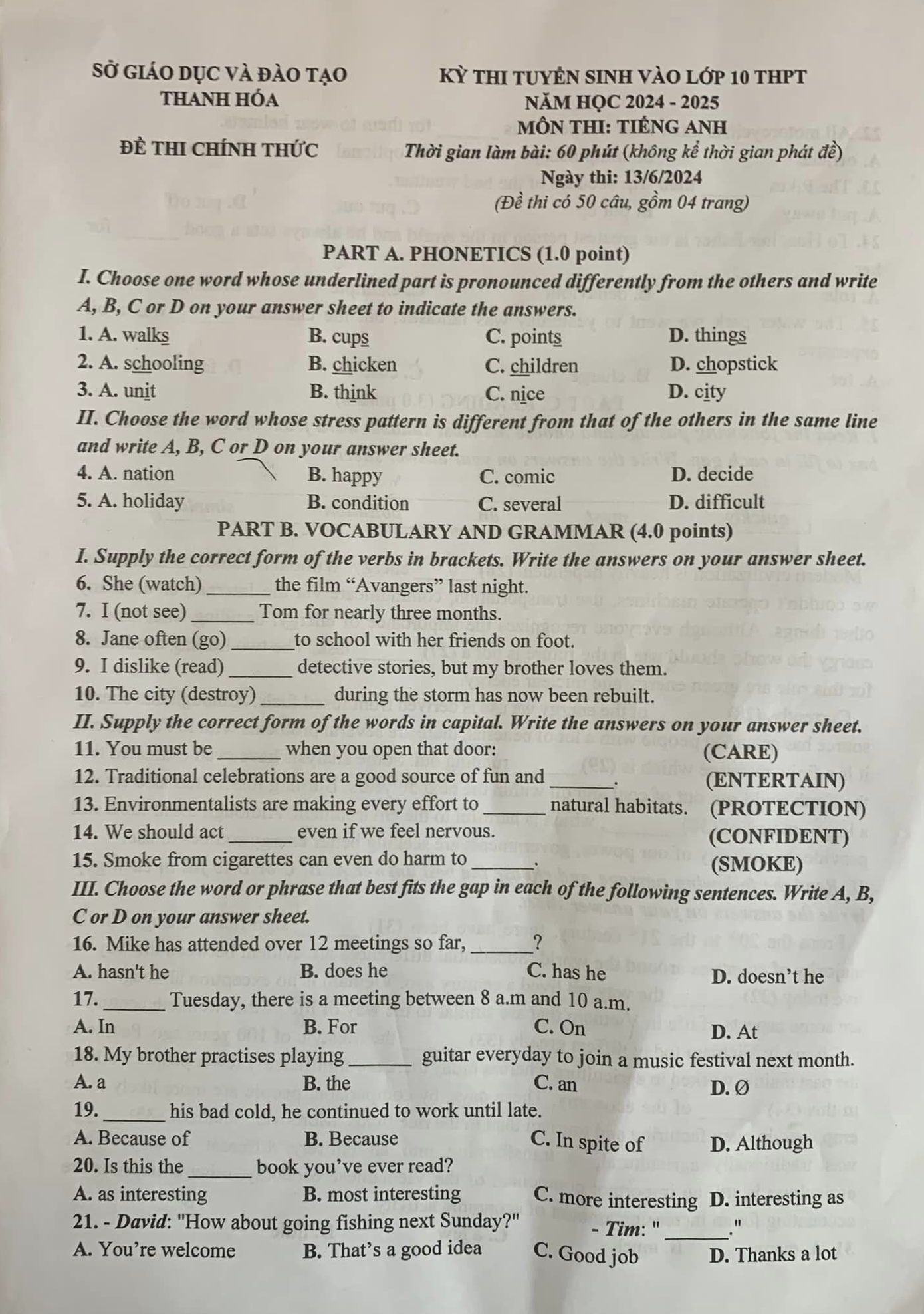 Đề thi môn tiếng Anh.
