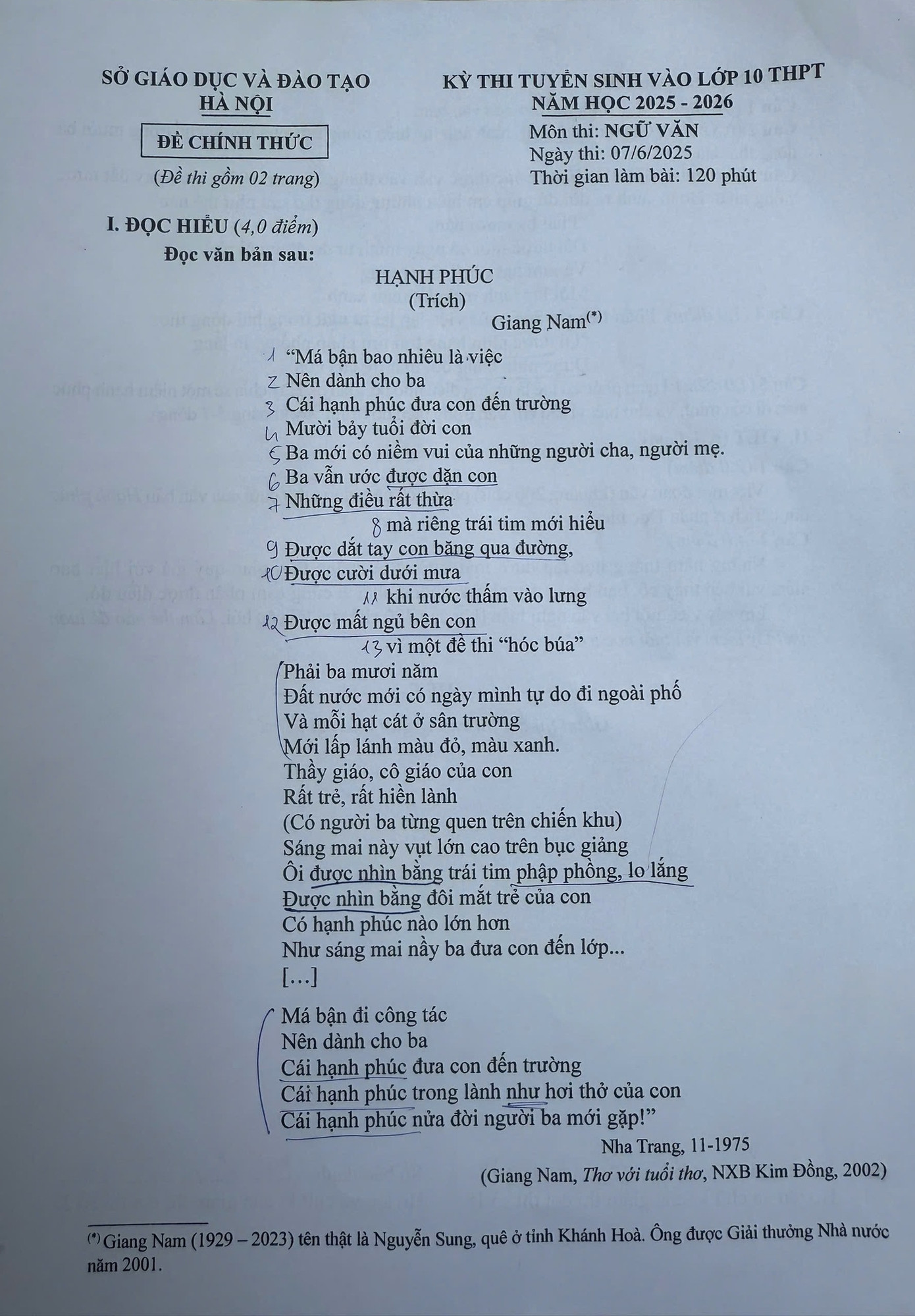 Đề thi môn Văn vào lớp 10 tại Hà Nội năm 2025. Đề thi môn Văn vào lớp 10 tại Hà Nội năm 2025.