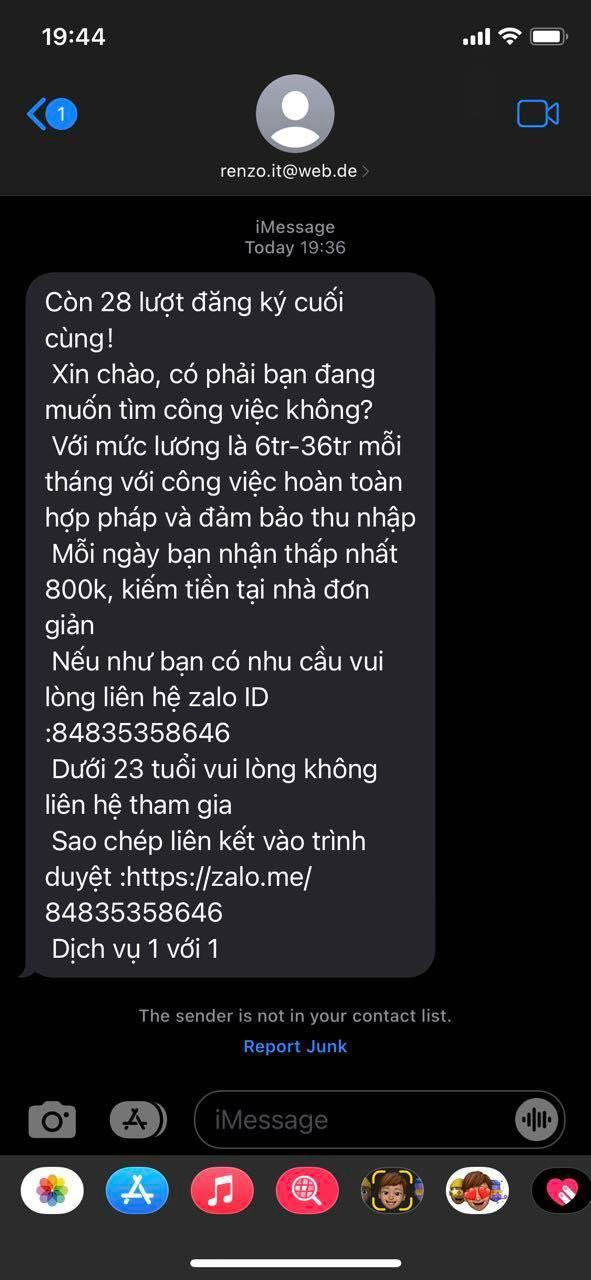 Tin nhắn lừa đảo được gửi qua iMessage của người dùng iPhone.