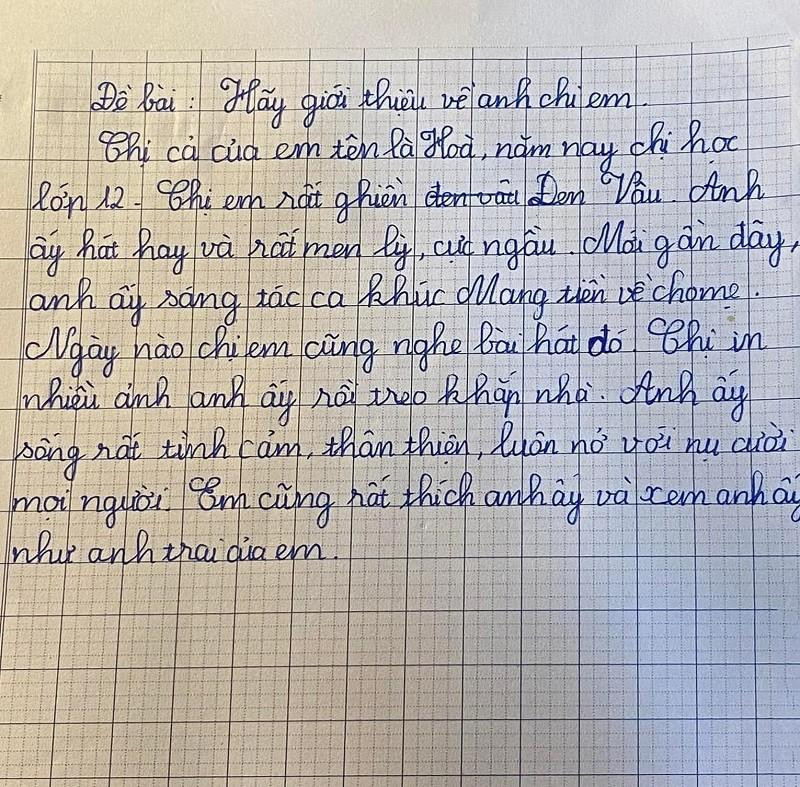 Bài văn giới thiệu về chị gái nhưng lại nhắc rất nhiều về Đen Vâu khiến dân mạng thích thú. (Ảnh: Duc Minh Truong Huu/ Group Trường Người Ta) Bài văn giới thiệu về chị gái nhưng lại nhắc rất nhiều về Đen Vâu khiến dân mạng thích thú. (Ảnh: Duc Minh Truong Huu/ Group Trường Người Ta)