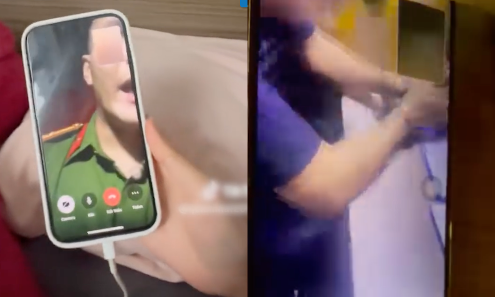 Nhóm đối tượng bố trí một khu vực giống trụ sở công an cấp xã, phường có nhiều người đóng vai công an, người dân, có cả phòng hỏi cung. (Ảnh cắt từ clip)