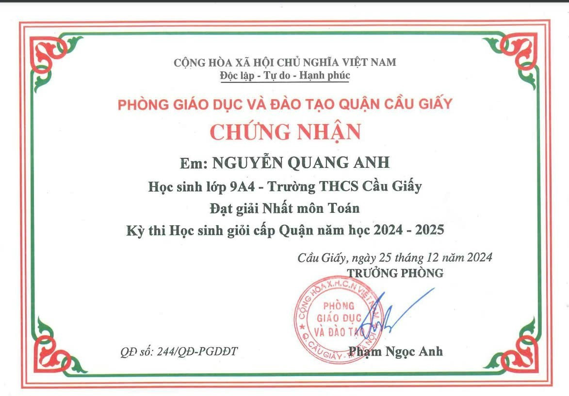 Bảng vàng thành tích và huy chương mà Quang Anh đã gặt hái được trong những cuộc thi về lĩnh vực Khoa học tự nhiên. Bảng vàng thành tích và huy chương mà Quang Anh đã gặt hái được trong những cuộc thi về lĩnh vực Khoa học tự nhiên.