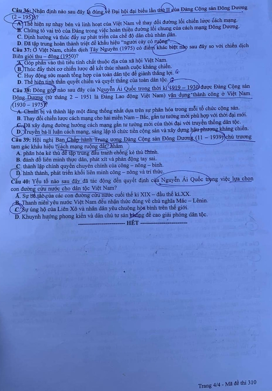 Đề thi tốt nghiệp THPT Quốc gia năm 2024 môn Lịch sử mã đề 310. Đề thi tốt nghiệp THPT Quốc gia năm 2024 môn Lịch sử mã đề 310.